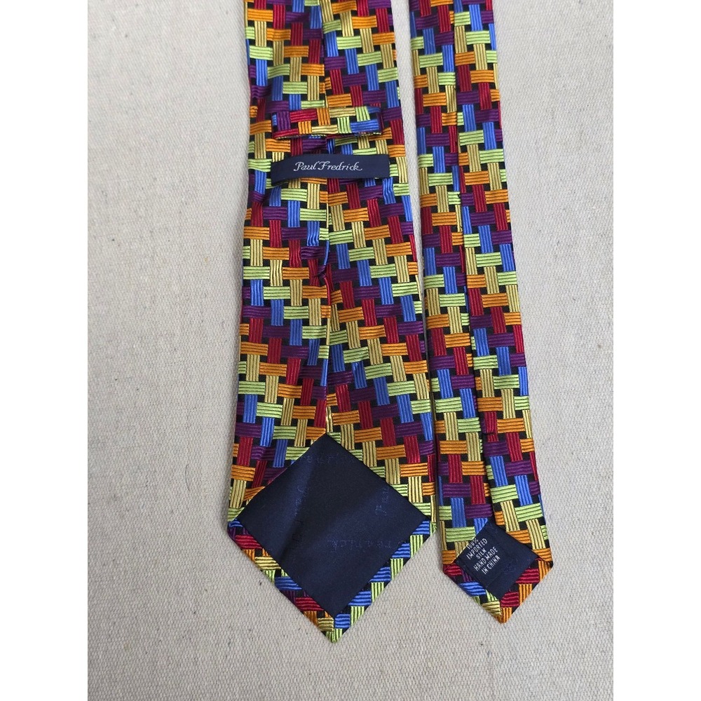 Paul Fredrick Mens Silk Tie Multi Color Basketweave Geometric Hand Made Necktie - Picture 5 of 7